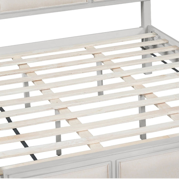 English Elm Queen Platform Bed Whitewashed Wood Beige Upholstered Headboard Modern Farmhouse Frame N770PQ426874A