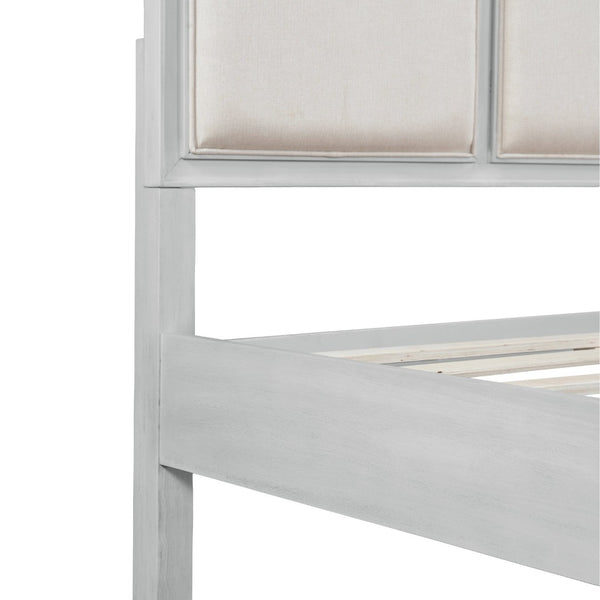 English Elm Queen Platform Bed Whitewashed Wood Beige Upholstered Headboard Modern Farmhouse Frame N770PQ426874A