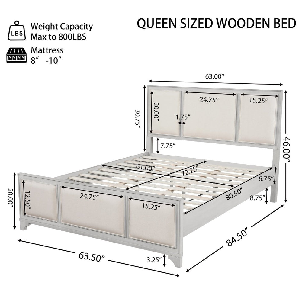 English Elm Queen Platform Bed Whitewashed Wood Beige Upholstered Headboard Modern Farmhouse Frame N770PQ426874A