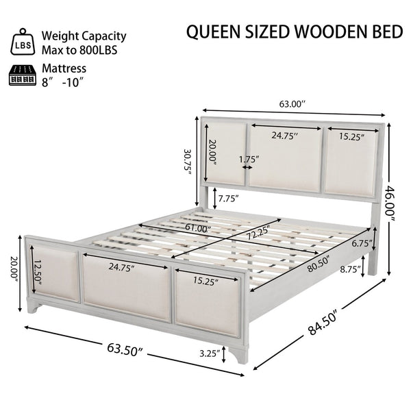 English Elm Queen Platform Bed Whitewashed Wood Beige Upholstered Headboard Modern Farmhouse Frame N770PQ426874A