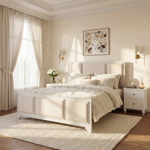 English Elm Queen Platform Bed Whitewashed Wood Beige Upholstered Headboard Modern Farmhouse Frame N770PQ426874A