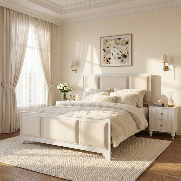 English Elm Queen Platform Bed Whitewashed Wood Beige Upholstered Headboard Modern Farmhouse Frame N770PQ426874A
