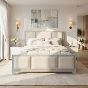 English Elm Queen Platform Bed Whitewashed Wood Beige Upholstered Headboard Modern Farmhouse Frame N770PQ426874A