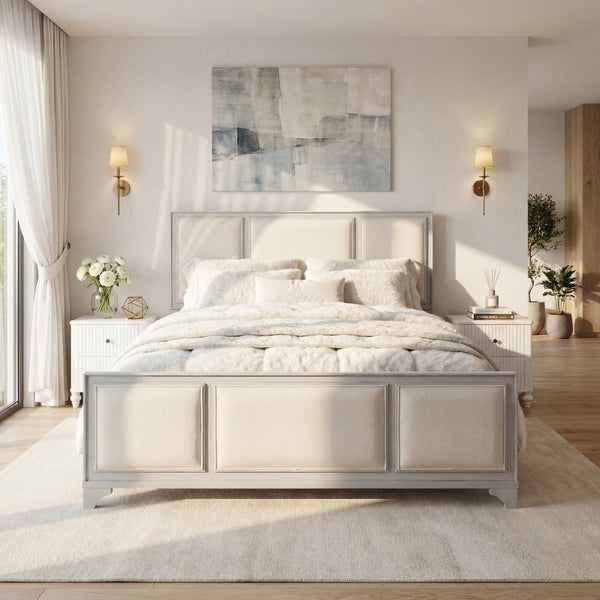 English Elm Queen Platform Bed Whitewashed Wood Beige Upholstered Headboard Modern Farmhouse Frame N770PQ426874A