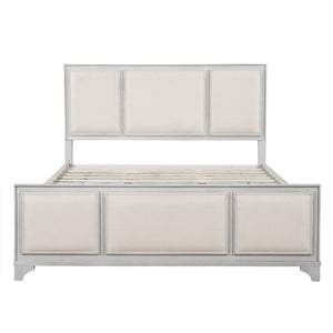 English Elm Queen Platform Bed Whitewashed Wood Beige Upholstered Headboard Modern Farmhouse Frame N770PQ426874A