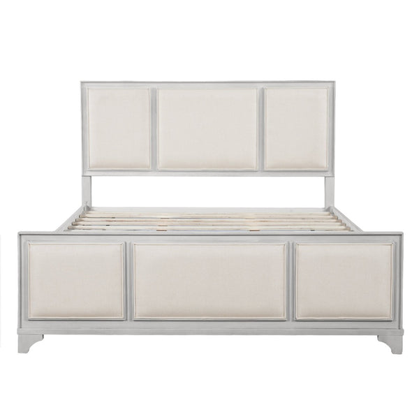 English Elm Queen Platform Bed Whitewashed Wood Beige Upholstered Headboard Modern Farmhouse Frame N770PQ426874A