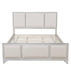 English Elm Queen Platform Bed Whitewashed Wood Beige Upholstered Headboard Modern Farmhouse Frame N770PQ426874A