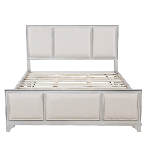 English Elm Queen Platform Bed Whitewashed Wood Beige Upholstered Headboard Modern Farmhouse Frame N770PQ426874A