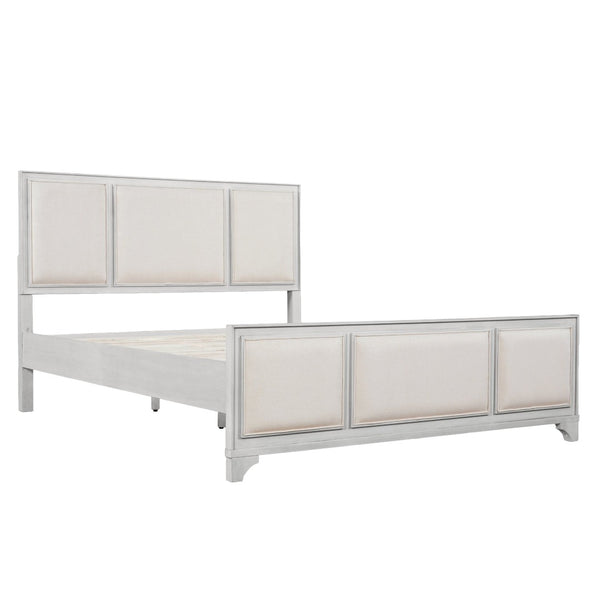 English Elm Queen Platform Bed Whitewashed Wood Beige Upholstered Headboard Modern Farmhouse Frame N770PQ426874A