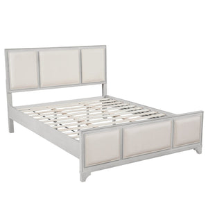 English Elm Queen Platform Bed Whitewashed Wood Beige Upholstered Headboard Modern Farmhouse Frame N770PQ426874A