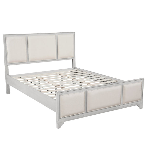 English Elm Queen Platform Bed Whitewashed Wood Beige Upholstered Headboard Modern Farmhouse Frame N770PQ426874A