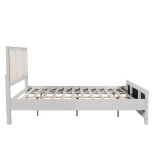 English Elm Queen Platform Bed Whitewashed Wood Beige Upholstered Headboard Modern Farmhouse Frame N770PQ426874A