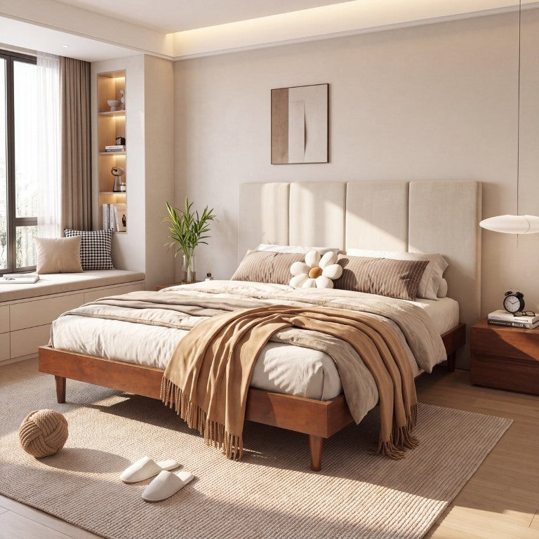 English Elm Queen Upholstered Platform Bed Chenille Channeled Headboard Walnut Pine Base Modern N770PQ453875D