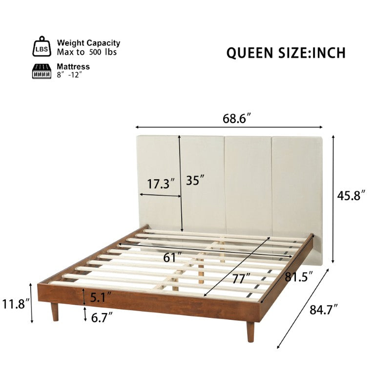 English Elm Queen Upholstered Platform Bed Chenille Channeled Headboard Walnut Pine Base Modern N770PQ453875D