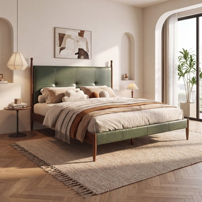 English Elm Queen Platform Bed Tufted Green PU Headboard Brown Wood Frame Mid-Century Style N770PQ470580F