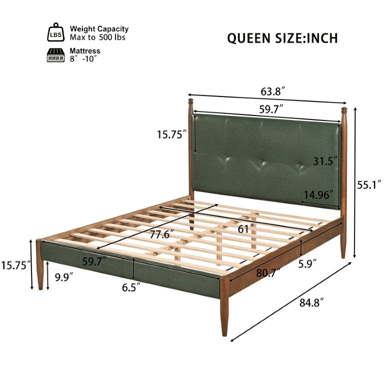 English Elm Queen Platform Bed Tufted Green PU Headboard Brown Wood Frame Mid-Century Style N770PQ470580F