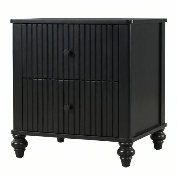 English Elm Black Fluted Matte Farmhouse Nightstand Pair with Bun Feet and Two Smooth Glide Drawers N770PS2389799B