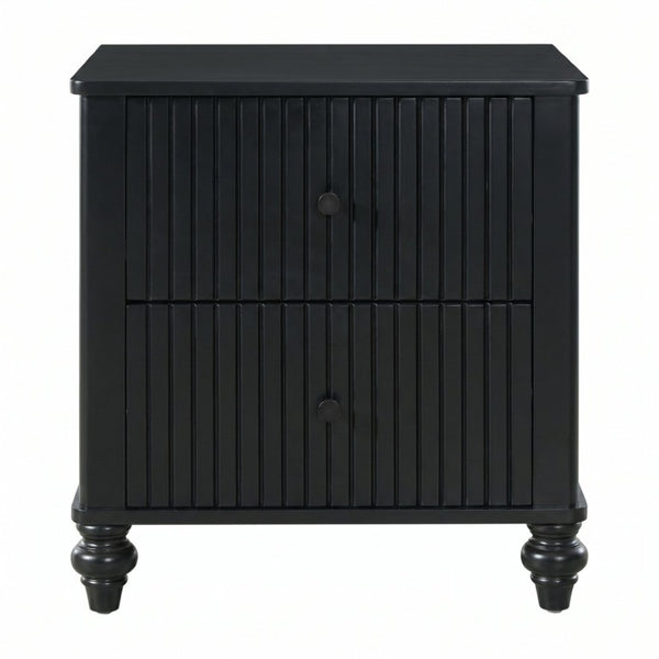 English Elm Black Fluted Matte Farmhouse Nightstand Pair with Bun Feet and Two Smooth Glide Drawers N770PS2389799B