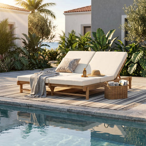 English Elm Light Teak Acacia Wood Outdoor Double Chaise Lounger for Patio Poolside Backyard Cream N770PS380L17C