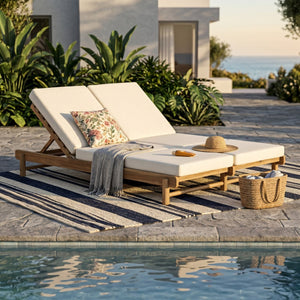 English Elm Light Teak Acacia Wood Outdoor Double Chaise Lounger for Patio Poolside Backyard Cream N770PS380L17C