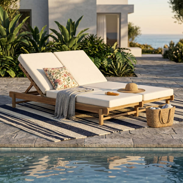 English Elm Light Teak Acacia Wood Outdoor Double Chaise Lounger for Patio Poolside Backyard Cream N770PS380L17C