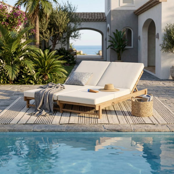 English Elm Light Teak Acacia Wood Outdoor Double Chaise Lounger for Patio Poolside Backyard Cream N770PS380L17C