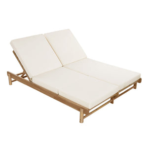 English Elm Light Teak Acacia Wood Outdoor Double Chaise Lounger for Patio Poolside Backyard Cream N770PS380L17C