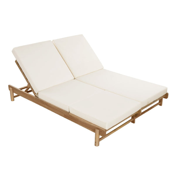 English Elm Light Teak Acacia Wood Outdoor Double Chaise Lounger for Patio Poolside Backyard Cream N770PS380L17C
