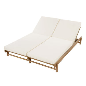 English Elm Light Teak Acacia Wood Outdoor Double Chaise Lounger for Patio Poolside Backyard Cream N770PS380L17C