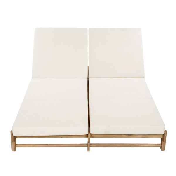 English Elm Light Teak Acacia Wood Outdoor Double Chaise Lounger for Patio Poolside Backyard Cream N770PS380L17C