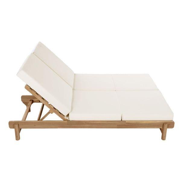 English Elm Light Teak Acacia Wood Outdoor Double Chaise Lounger for Patio Poolside Backyard Cream N770PS380L17C