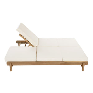 English Elm Light Teak Acacia Wood Outdoor Double Chaise Lounger for Patio Poolside Backyard Cream N770PS380L17C