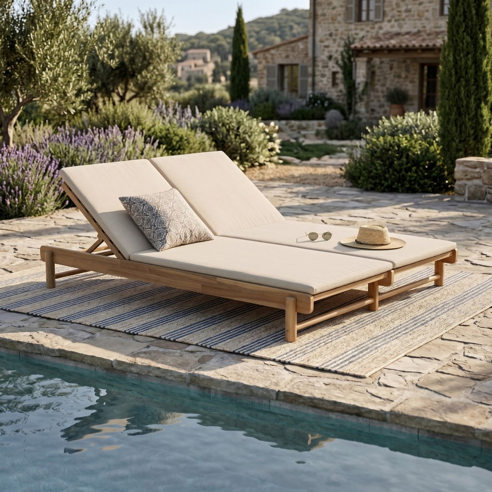English Elm Light Teak Acacia Wood Outdoor Double Chaise Lounger with Adjustable Backrests Poolside Cream N770PS380L18C