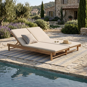 English Elm Light Teak Acacia Wood Outdoor Double Chaise Lounger with Adjustable Backrests Poolside Cream N770PS380L18C