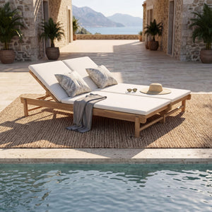 English Elm Light Teak Acacia Wood Outdoor Double Chaise Lounger with Adjustable Backrests Poolside Cream N770PS380L18C