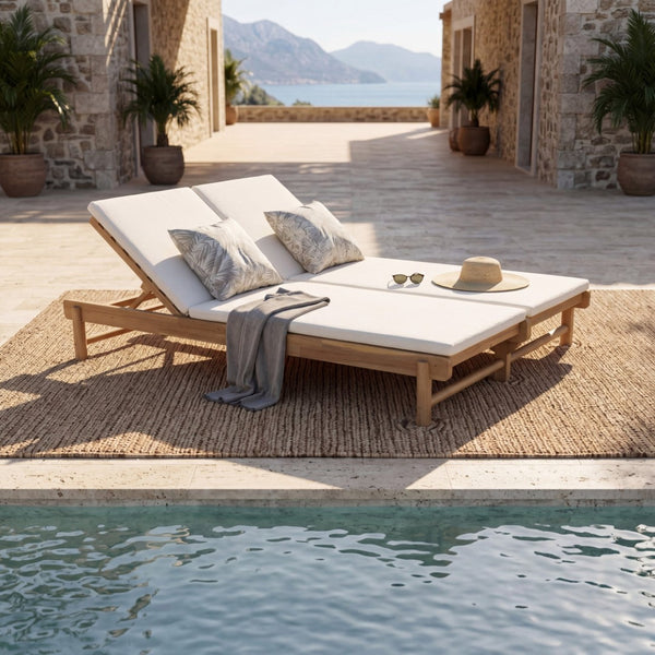 English Elm Light Teak Acacia Wood Outdoor Double Chaise Lounger with Adjustable Backrests Poolside Cream N770PS380L18C