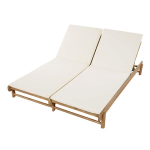 English Elm Light Teak Acacia Wood Outdoor Double Chaise Lounger with Adjustable Backrests Poolside Cream N770PS380L18C
