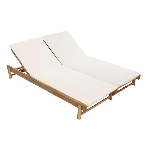 English Elm Light Teak Acacia Wood Outdoor Double Chaise Lounger with Adjustable Backrests Poolside Cream N770PS380L18C