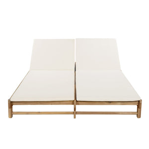 English Elm Light Teak Acacia Wood Outdoor Double Chaise Lounger with Adjustable Backrests Poolside Cream N770PS380L18C