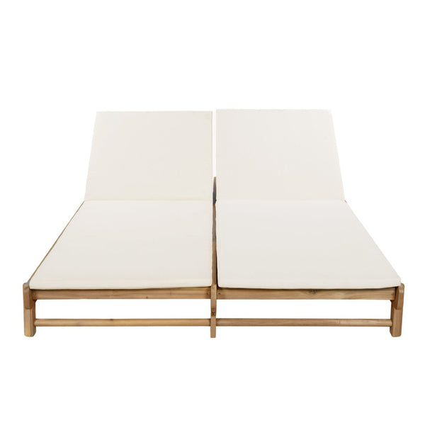 English Elm Light Teak Acacia Wood Outdoor Double Chaise Lounger with Adjustable Backrests Poolside Cream N770PS380L18C