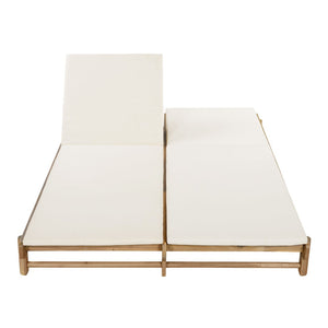 English Elm Light Teak Acacia Wood Outdoor Double Chaise Lounger with Adjustable Backrests Poolside Cream N770PS380L18C