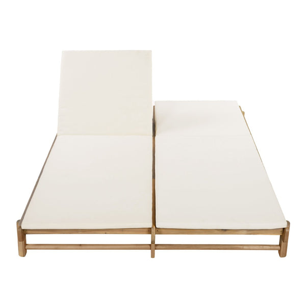 English Elm Light Teak Acacia Wood Outdoor Double Chaise Lounger with Adjustable Backrests Poolside Cream N770PS380L18C
