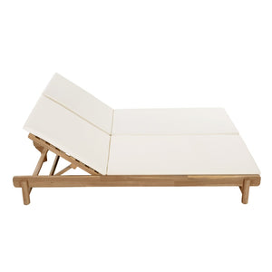 English Elm Light Teak Acacia Wood Outdoor Double Chaise Lounger with Adjustable Backrests Poolside Cream N770PS380L18C