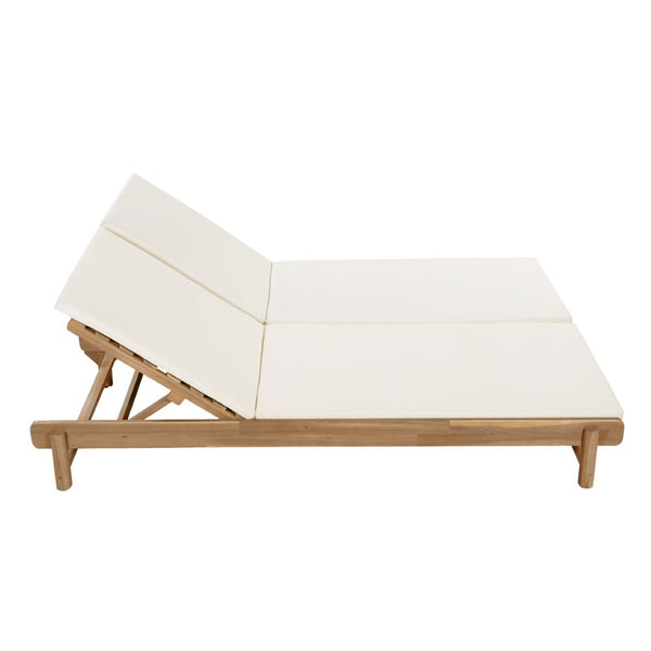 English Elm Light Teak Acacia Wood Outdoor Double Chaise Lounger with Adjustable Backrests Poolside Cream N770PS380L18C