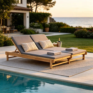 English Elm Light Teak Acacia Wood Outdoor Double Chaise Lounger with Adjustable Backrests Poolside Dark Grey N770PS380L18G