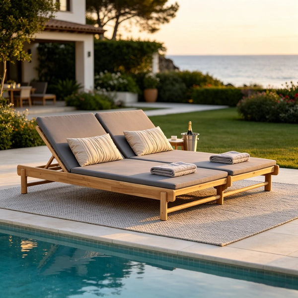 English Elm Light Teak Acacia Wood Outdoor Double Chaise Lounger with Adjustable Backrests Poolside Dark Grey N770PS380L18G