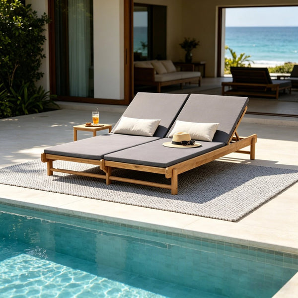 English Elm Light Teak Acacia Wood Outdoor Double Chaise Lounger with Adjustable Backrests Poolside Dark Grey N770PS380L18G