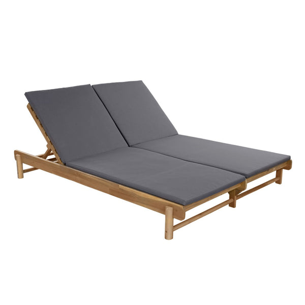 English Elm Light Teak Acacia Wood Outdoor Double Chaise Lounger with Adjustable Backrests Poolside Dark Grey N770PS380L18G