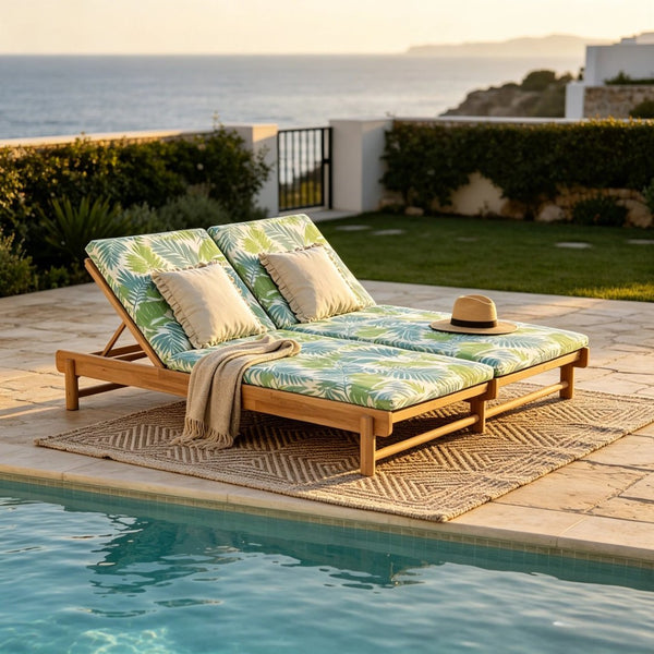 English Elm Light Teak Acacia Wood Outdoor Double Chaise Lounger with Adjustable Backrests Poolside Leaf Coconut N770PS380L18L