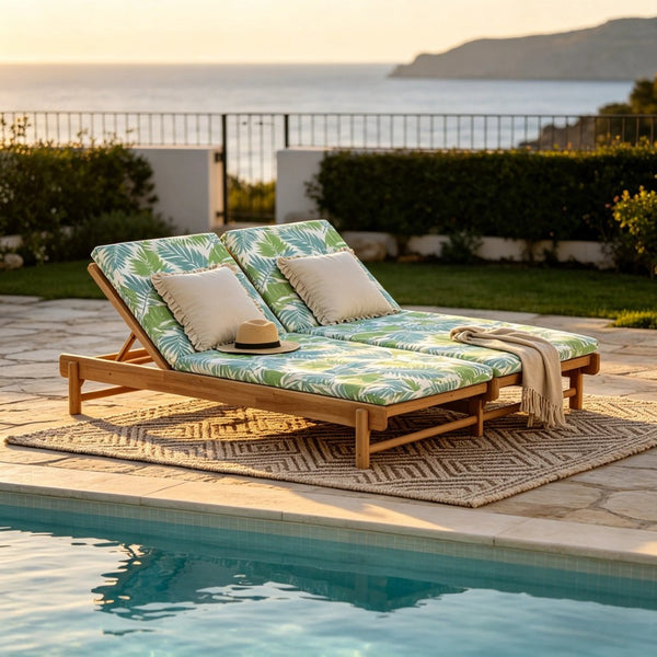 English Elm Light Teak Acacia Wood Outdoor Double Chaise Lounger with Adjustable Backrests Poolside Leaf Coconut N770PS380L18L